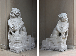 Chinese stone lions outside of the South entrance to the Cochrane-Woods Art Center